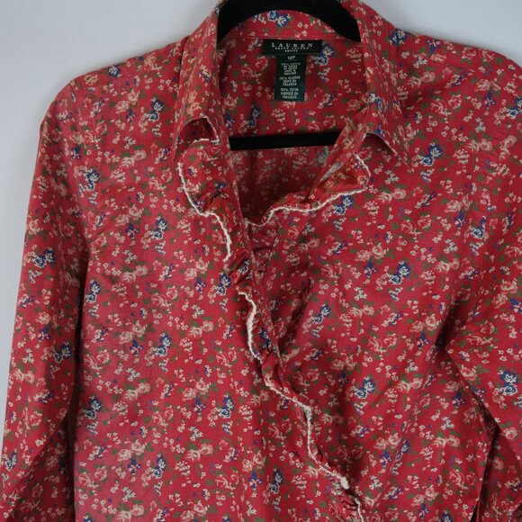 Vintage Lauren Ralph Lauren Red Prairie Floral Wrap Blouse Shirt, Size 12P - Picture 5 of 11
